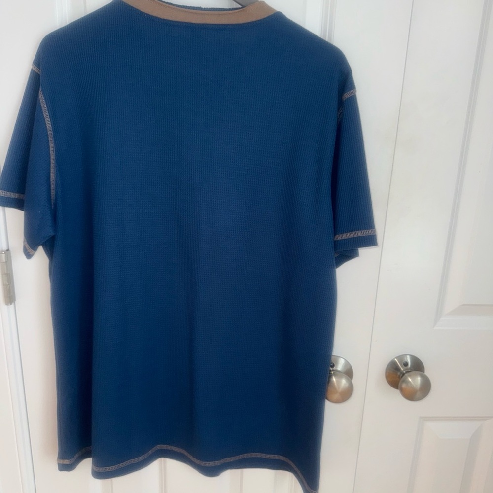 Men's Blue and Tan Henley Shirt - Picture 7 of 7